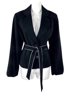 White House Black Market Black Blazer with White Piping Belted Waist